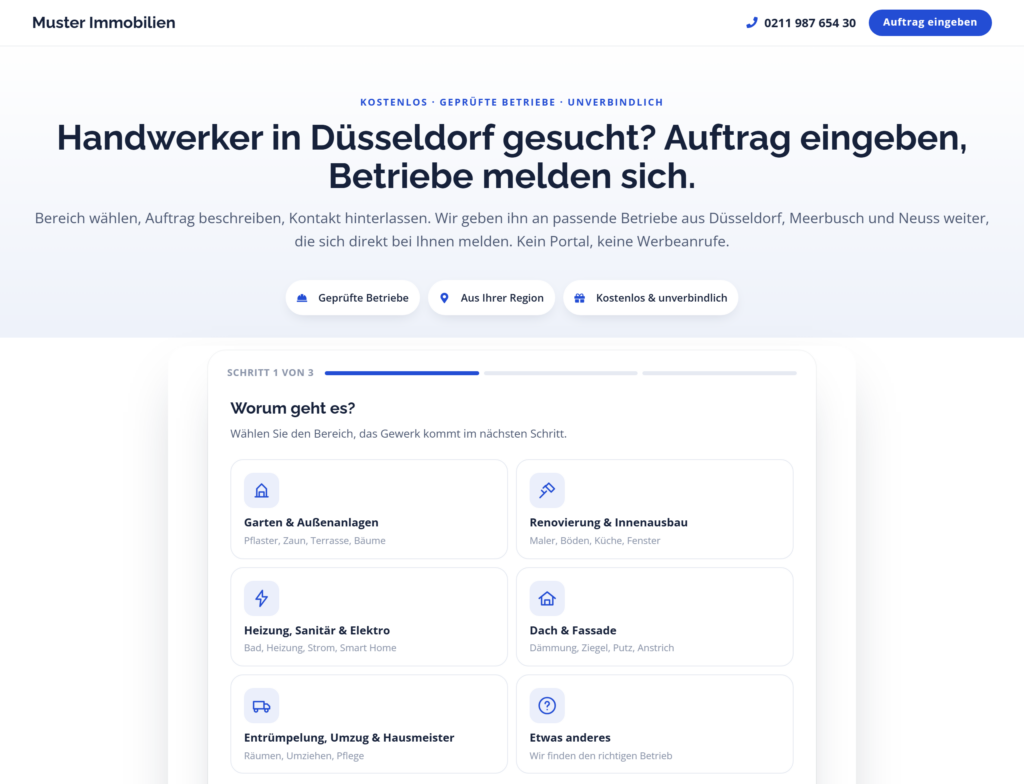 Landingpage Handwerker-Service mit Auftragseingabe