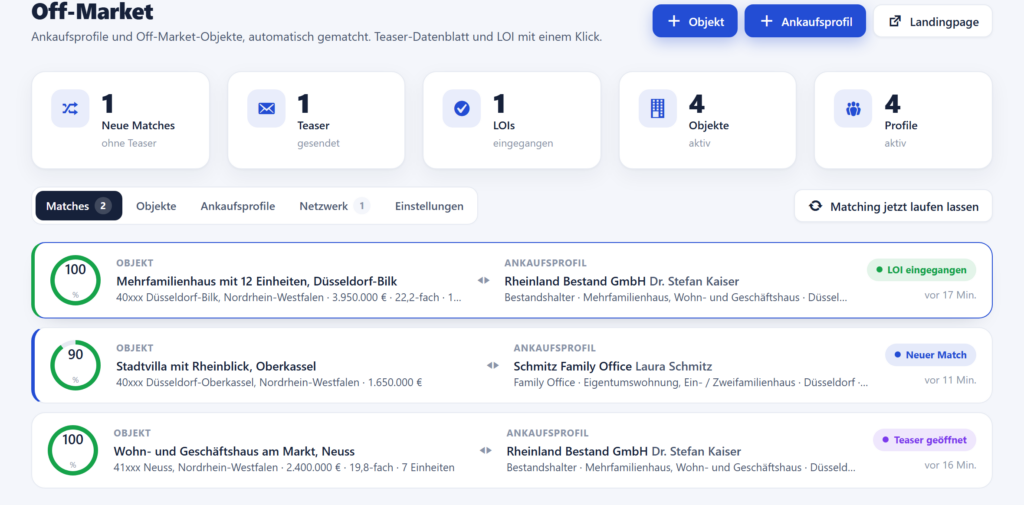 Off-Market-Modul mit Matches, Score, Teaser und LOI